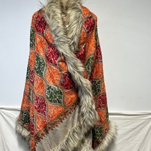 Shawl With Fur, Hand EmbroideryFur Shawl, Woollen Wrap, ScarvesCape,Party Scarf,